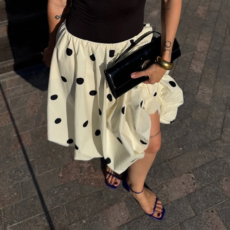 Autumn Casual Streetwear Skirts Harajuku Fashion Polka Dot Print Ball Maxi Skirts for Women Elegant High Waist A-Line Long Skirt