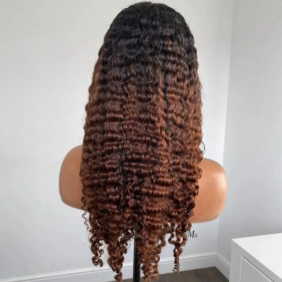 Frente de encaje rizado sin pegamento para mujer, pelo de bebé sintético Natural, ombré marrón, 26 "de largo, resistente al calor, predesplumado, 180 de densidad