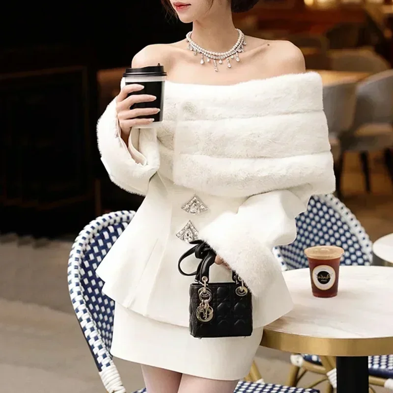 2024 Fall Winter Women Long Sleeve Slash Neck Shawl Fur Diamonds Button Slim Jacket +Pocket Mini Skirt Solid Color Matching Sets