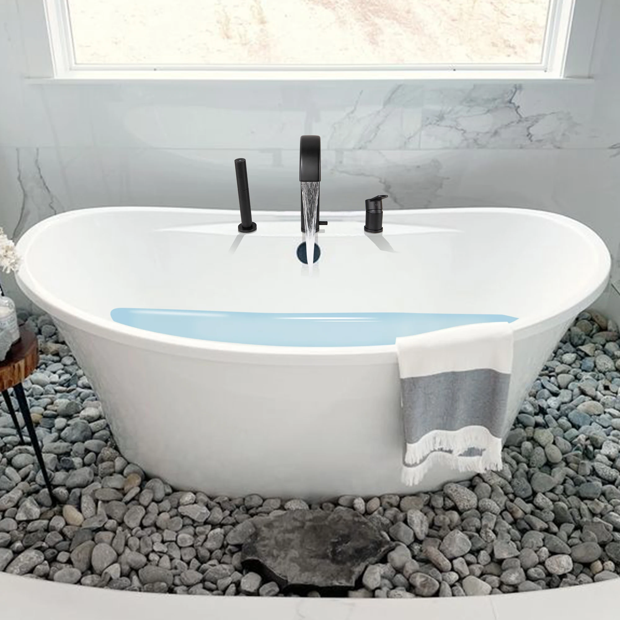 SKOWLL Simple Bathtub Split Faucet Three-Piece Set Waterfall Spout Hot and Cold Water Mixing Pull-Out Dual-Function Handheld