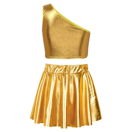 Imagen 2 del producto Traje de baile de Jazz para niñas, Tops cortos sin mangas metálicos brillantes con falda para danza de Ballet, ropa de calle puesta en escena, 2 uds.