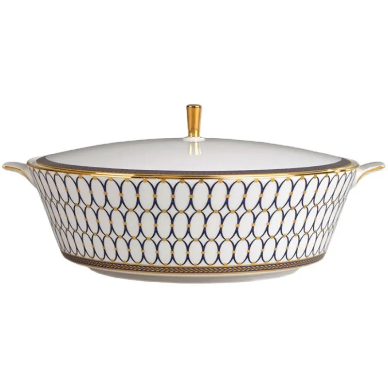 

Gold powder New Year's Eve with lid soup pot 1.5L bone china serving bowl European large soup bowl imported for household use