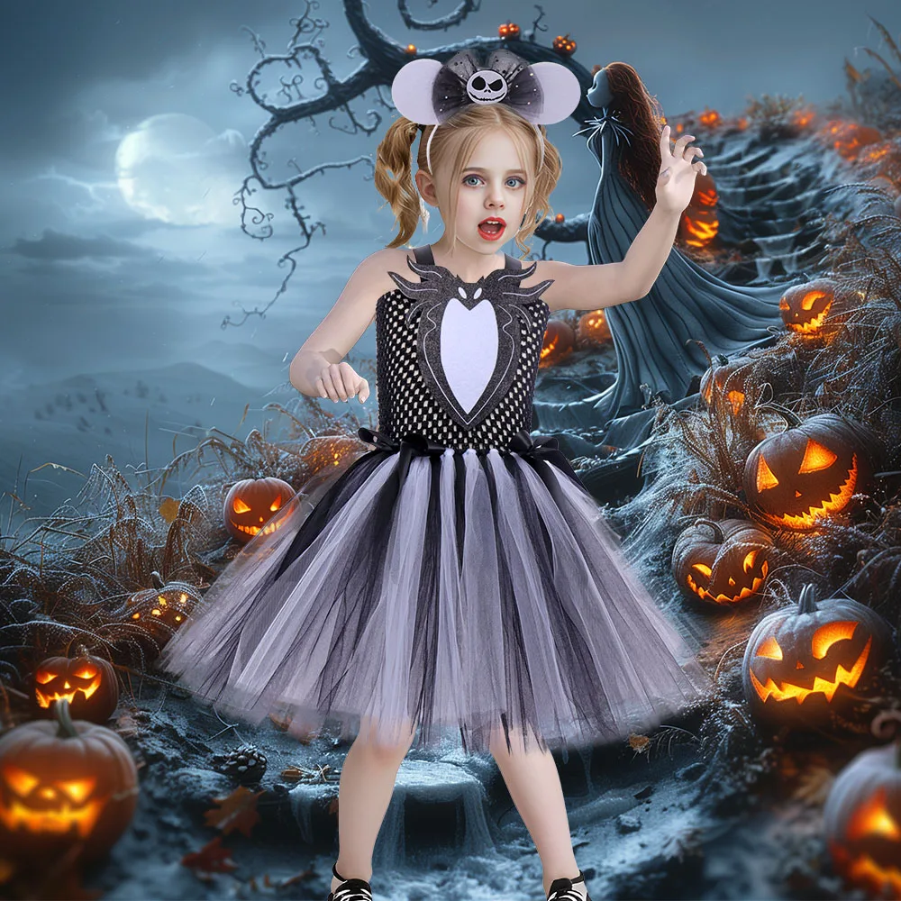 Girls Nightmare Jack Halloween Costume Baby Villain Cosplay Carnival Party Pageant Tutu Dress Children Kids Christmas Costume