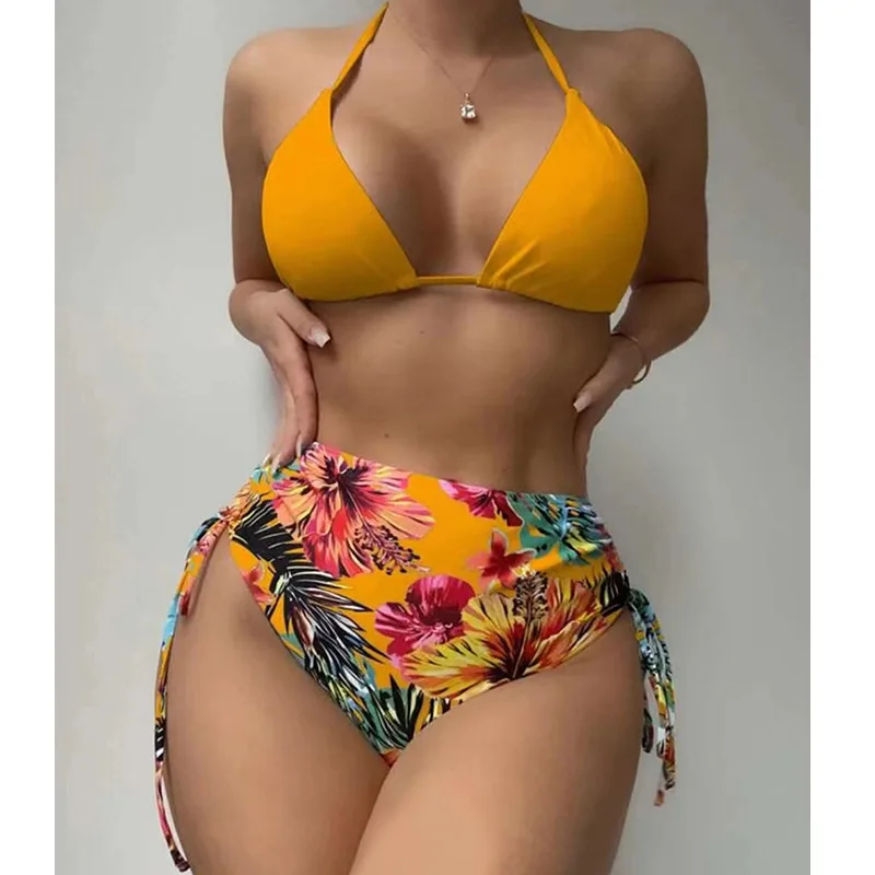 Dreiteiliger Badeanzug für Damen, trennt Bikini, bedruckt, Kordelzug, hohe Taille, Dreieckshose, lange Badebekleidung