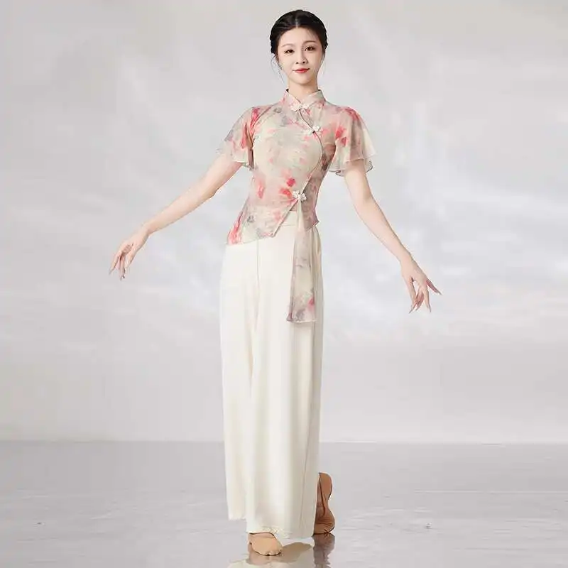 

Chinese Style Classical Dance Short Sleeved Chiffon Performance Costume, Elegant Dance Costume For Women, 2025 New Daily
