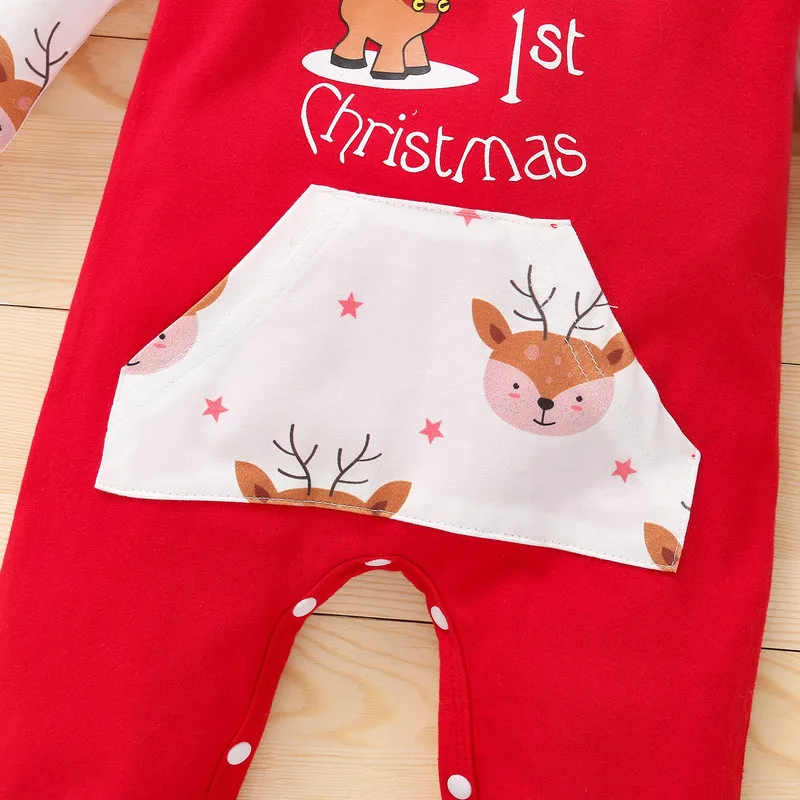 0 to 12 Months Christmas Baby Girl Boy Printed Romper Long Sleeve Hooded Jumpsuit with Front Pocket Baby Clothing