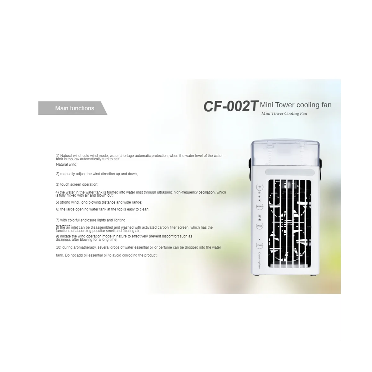 휴대용 에어컨 선풍기, 책상 공기 냉각기 및 가습기, 침실용 LED 조명, 3 선풍기 속도, 7 색, 3 in 1