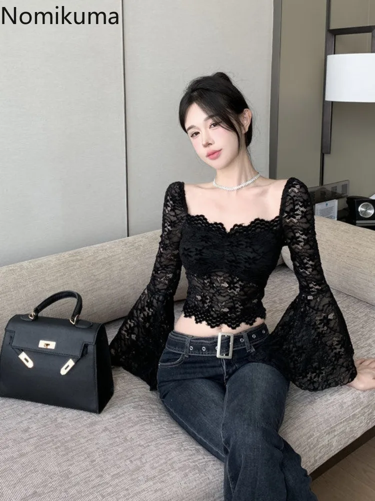 Lace Blouse Women\'s Clothing Flare Sleeve Square Collar Tunic Shirts 2024 Blusas Mujer De Moda Black Hollow Out Sexy Crop Tops