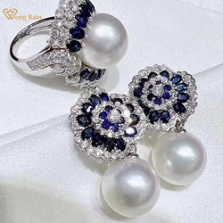 Wong Rain Elegant 100% 925 Sterling Silver Natural Pearls Lab Sapphire High Carbon Diamond Gemstone Ring/Earrings Jewelry Sets