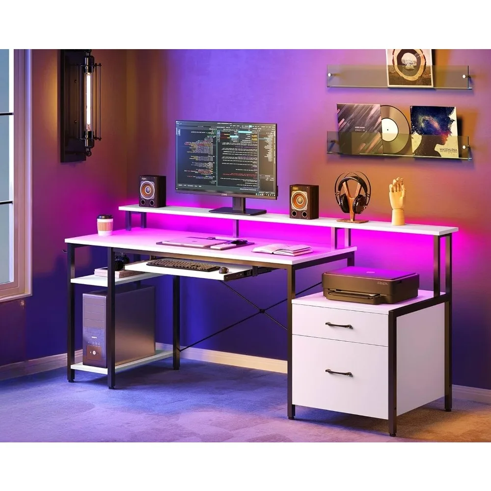 

Computer Desk, LED Light & Power Outlets with File Cabinet & Storage Shelves, with Monitor Stand & Keyboard Tray, Gaming Desks