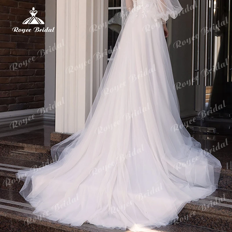 Boho a-line abiti da sposa per le donne principessa scollo a v manica a sbuffo bottone posteriore Appliques di pizzo abiti da sposa Sweep robe de mariée