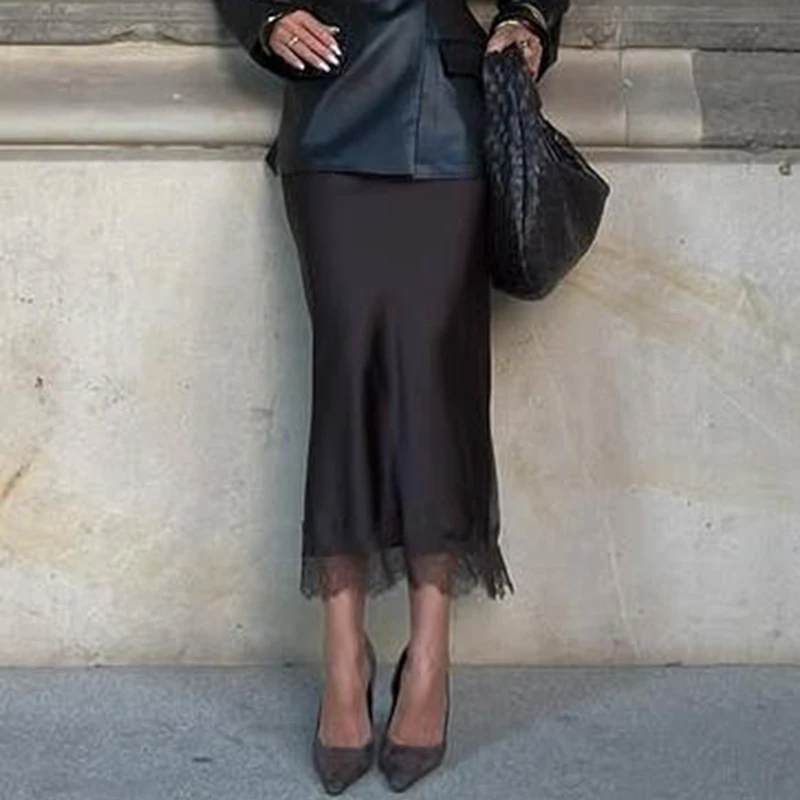 

Y2k Half Slip Maxi Skirts for Under Dress Women Satin Lace Patchwork Long Skirt Elegant Elastic Waist Silky Lace Trim Midi Skirt