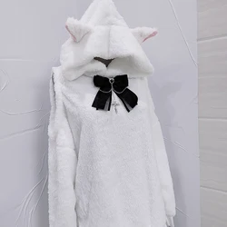 Kawaii Women Hoodies Jirai Kei Lolita Y2K Japanese Style Cat Ear White Fluffy Warm Loose Blouse Long Sleeve Sweet Casual Tops