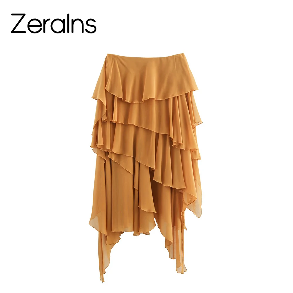 ZERAINS Autumn new women's clothing European and American style fashion personality asymmetrical layered decoration Midi skirt