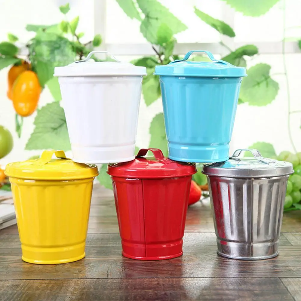 Desktop Trash Can Large Capacity with Lid Bucket Shape Stainless Garbage Storage Basket Large Opening Mini Desktop Flowerpot