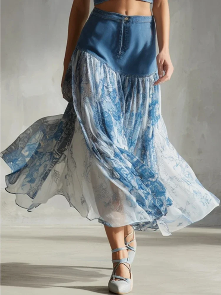 

Women's Chiffon Splice Denim Maxi Skirt High Waisted Asymmetrical Sheer Tulle Long Skirt Female Fashion Casual Vacation Skirts