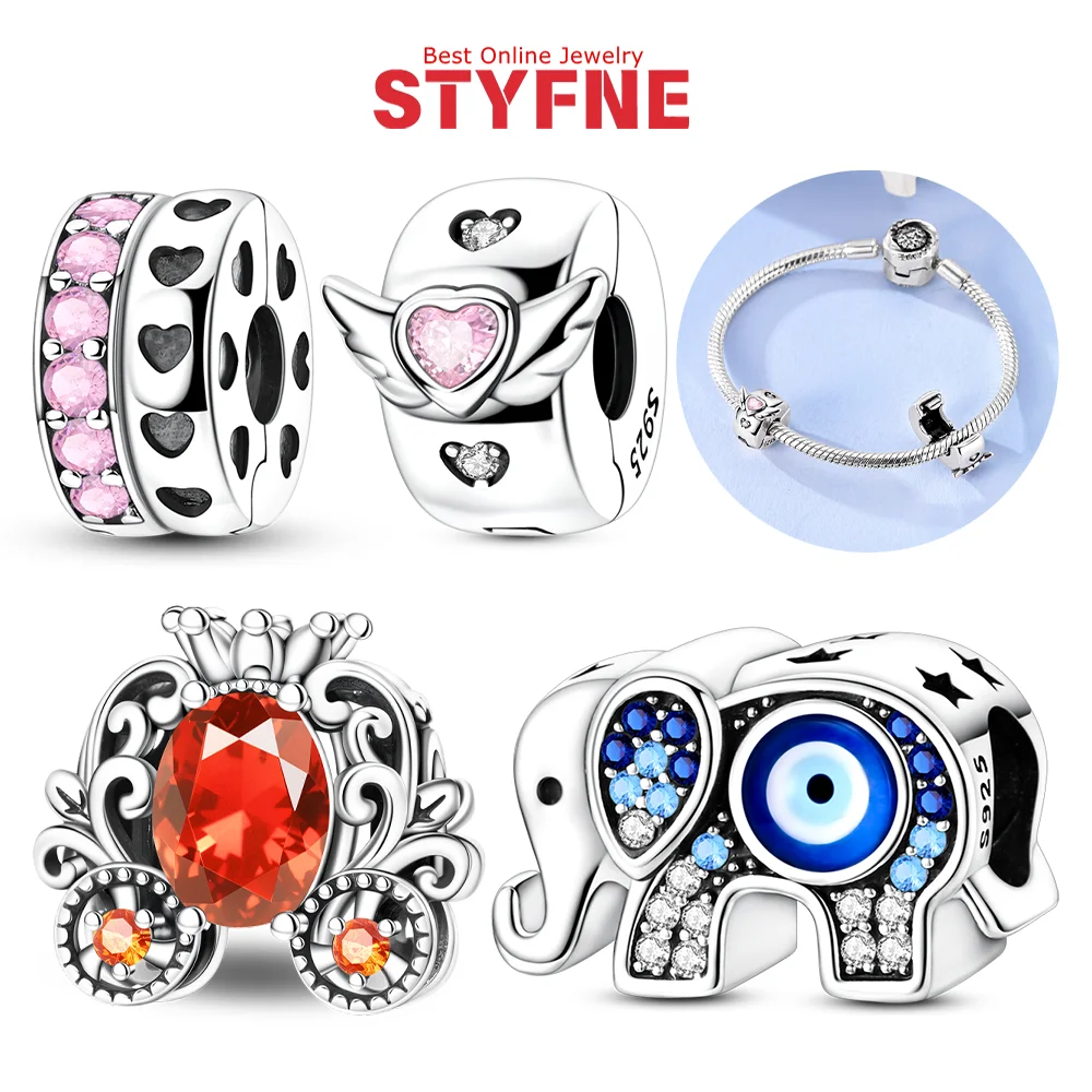 

Charms 925 Silver Pink Love Zircon Wings Fixed Clip Pumpkin Carriage Blue Elephant Beads Fit Diy Bracelet Gift Jewelry Making