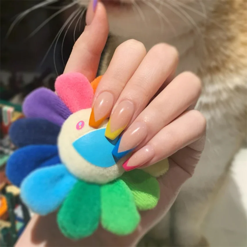 

24Pcs/Set Rainbow French Collection Handmade Wearing False Nails Full Cover Adhesive Press on Nails Artificial Fake Nails Tips