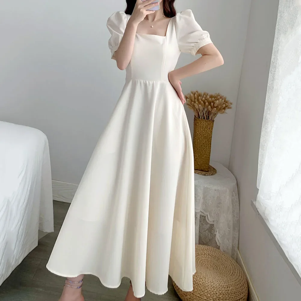 

Brand New Fashionable Dress Long Dress Polyester Pullover Solid Color Elegant Puff Sleeves No Elasticity Summer