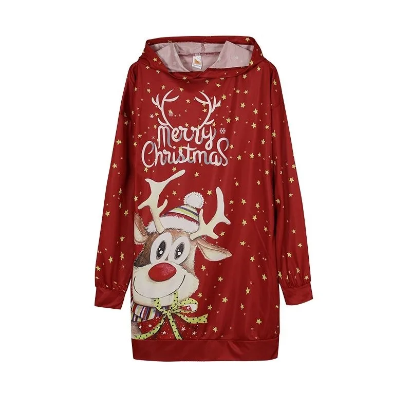 Abito in felpa a maniche lunghe da donna nuovo autunno Abito con cappuccio Abito con personalità allentata con stampa natalizia