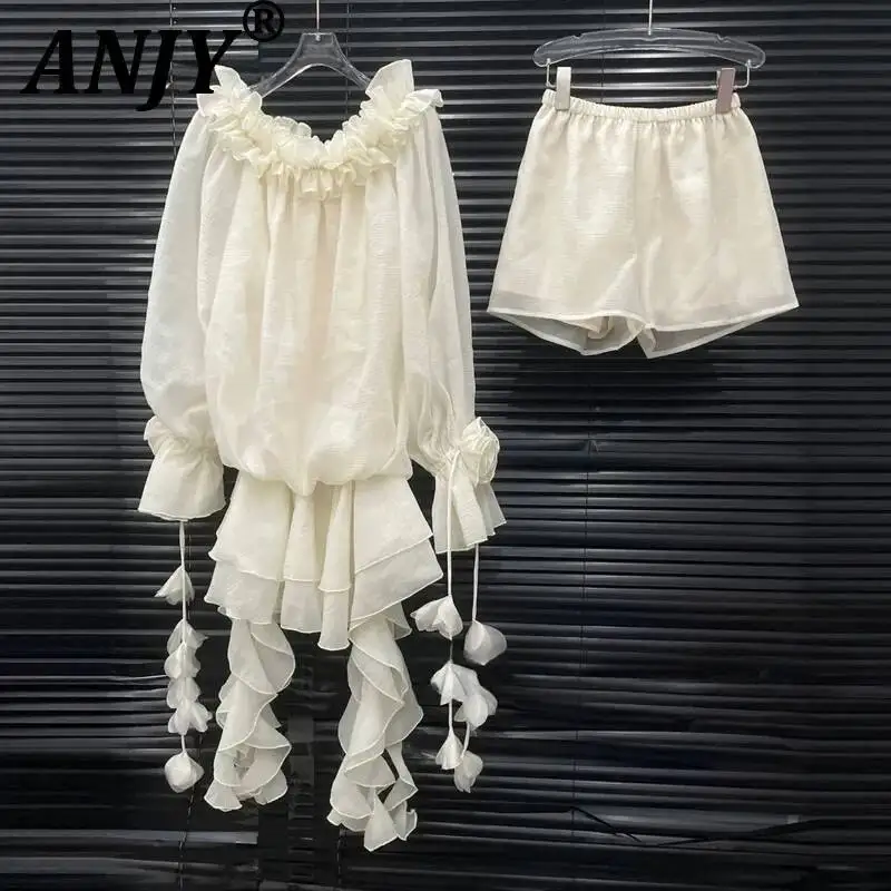 ANJY Summer New Women Elegant Fashion Slash Neck Ribbon Ball Gown Sets Design Niche Dress Sweet Shorts Chic Two-Piece Set A22414