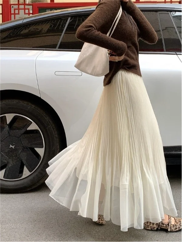 

Fashionable High Waist A-Line Fish Tail Skirt for plus Size Women Summer Mesh Pleated Skirt Draping Slimming Korean Style