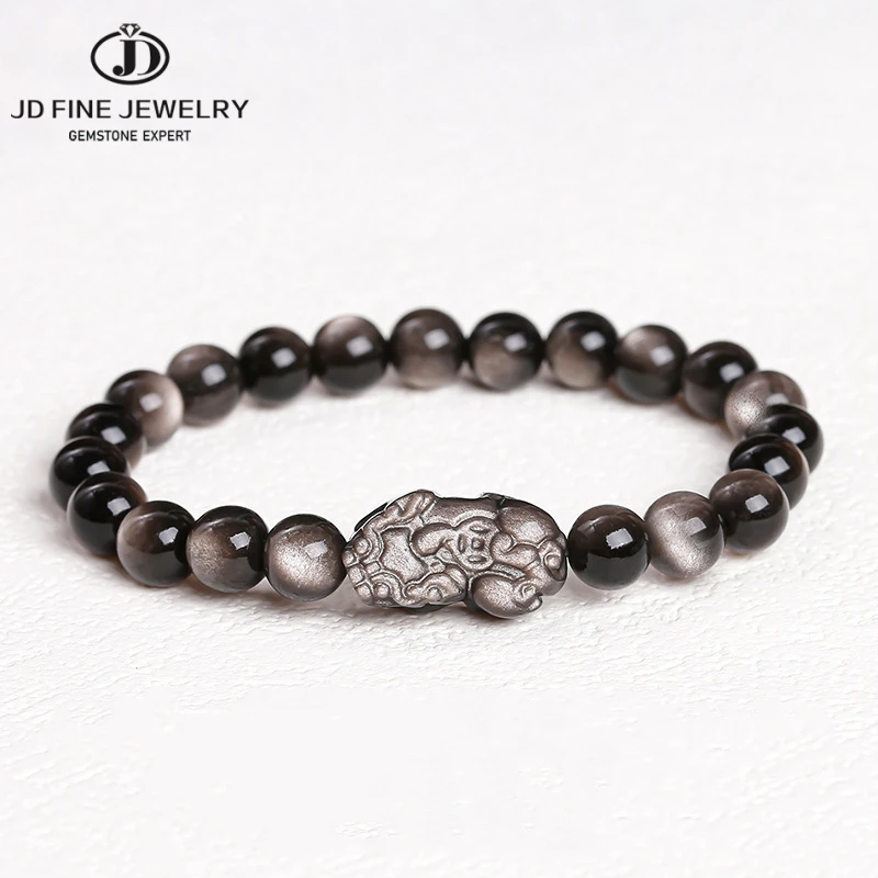 JD Top Quality  Natural Silver Color Obsidian Stone Carved Pixiu Strand Bracelet Women Men Fashion Charm Amulet Designer Bangles