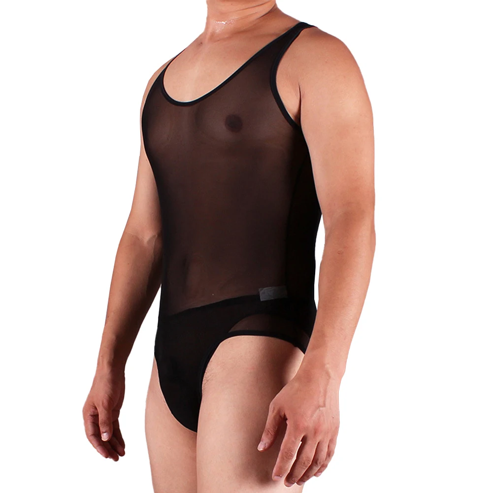 

Sexy Men Sheer Bodysuit See-Through Jumpsuit Sleeveless Mesh Lingerie Erotic Leotard Wrestling Singlets Slim Seamless Underwear