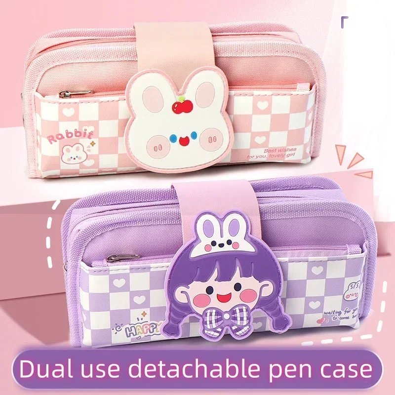 

Little Rabbit Chessboard Pattern Pencil Bag Cute Large Capacity Stationery Primary School Student Multi Functional High Beauty