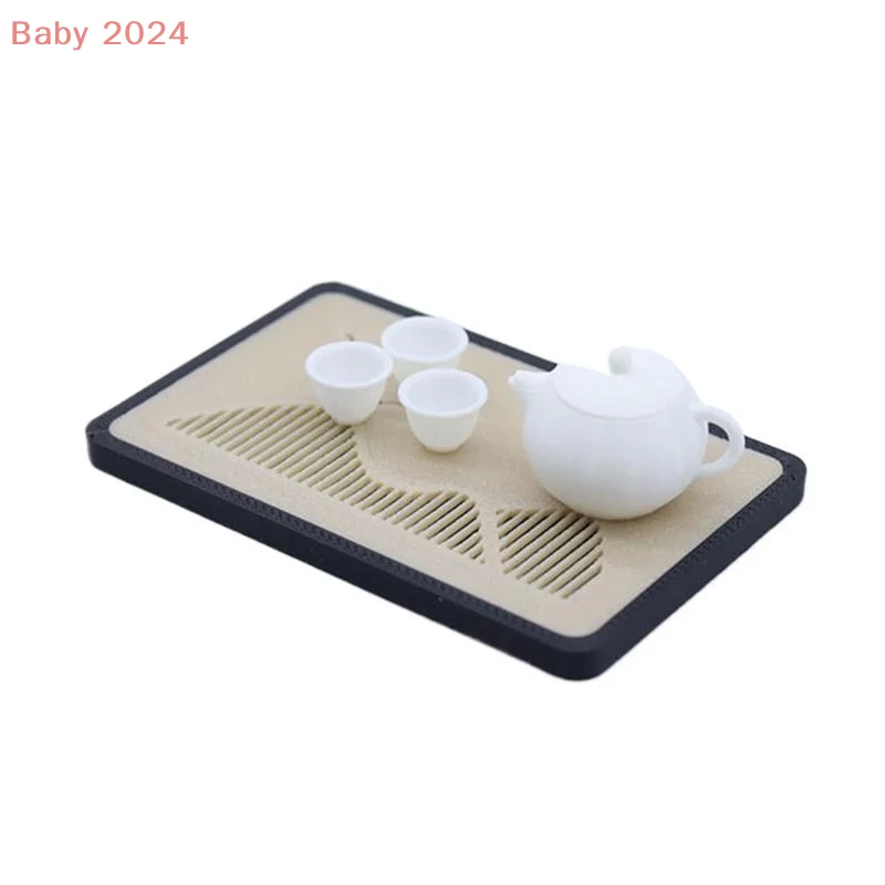 Mini tetera para casa de muñecas, juego de bandeja de drenaje para taza de té, modelo, accesorios de decoración de microescena, juguetes para juego de imitación, 1/12