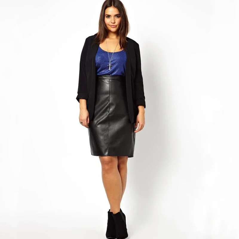 Plus Size Elegant Pu Leather Skirt Women Sexy High Waist Solid Black Straight Spring Autumn Casual Formal Office Midi Skirt 6XL