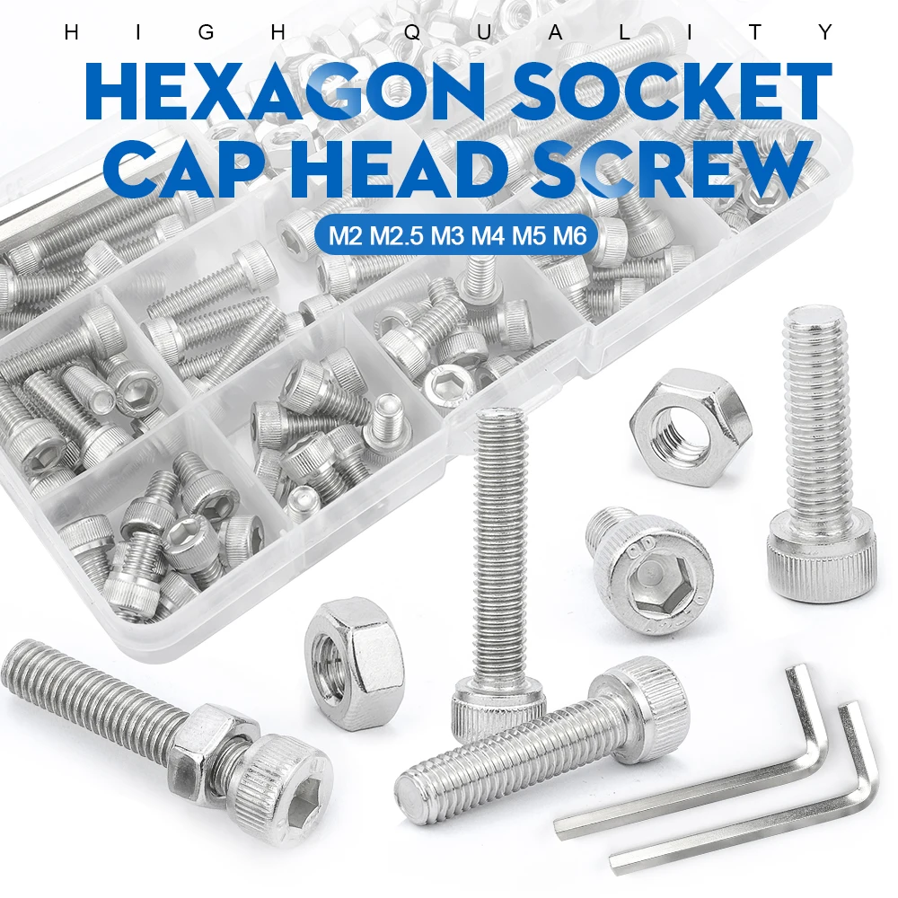 NINDEJIN Hexagon Hex socket allen head cap screw kit m2 m2.5 m3 m4 m5 m6 stainless steel bolt nut set DIN912