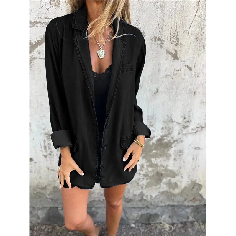 IALJ-سترة نسائية من قماش الدنيم بأزرار وأكمام طويلة وطية صدر السترة كاجوال فضفاضة من قماش الدنيم