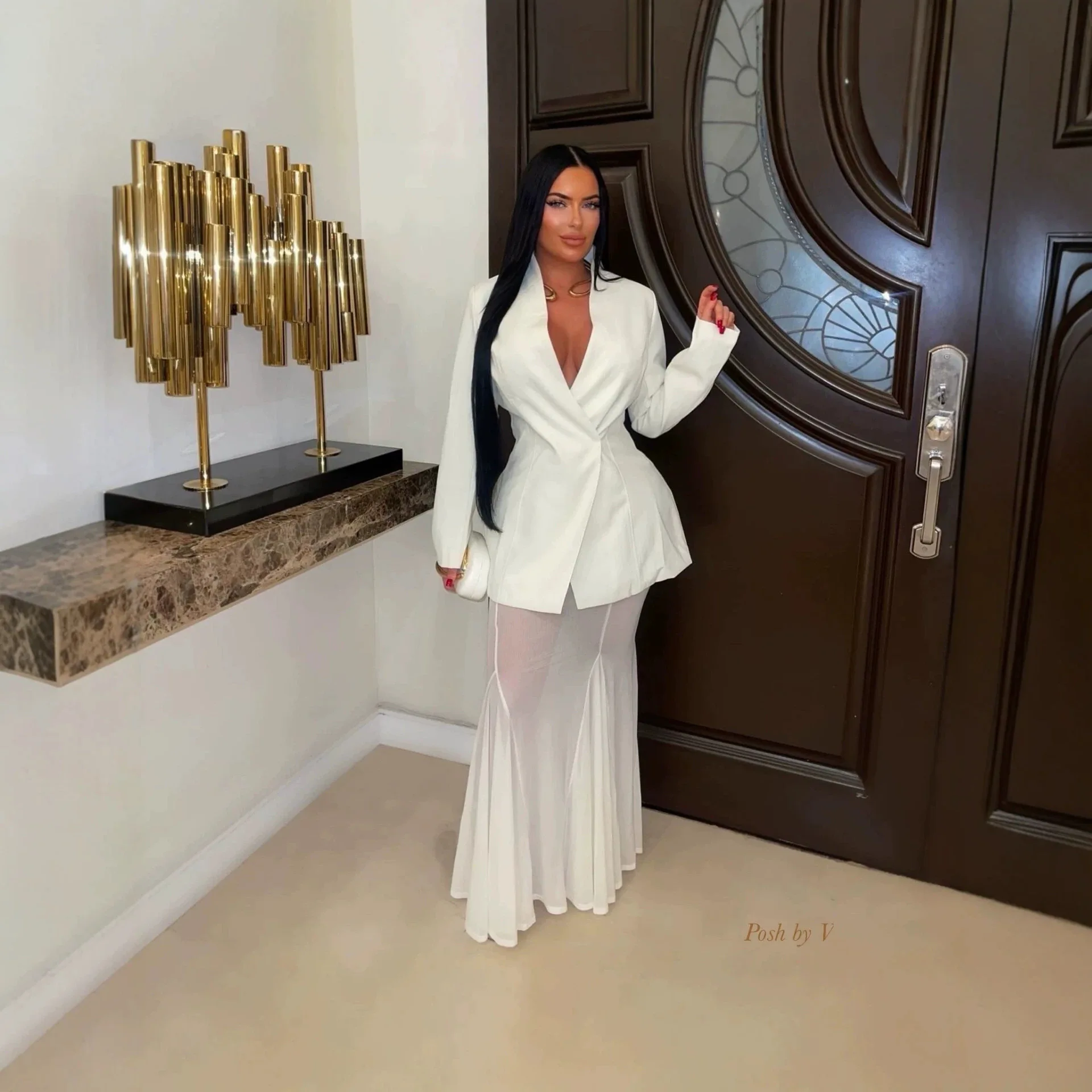 Women 2 Piece Sets Skirt Set Deep V Neck Full Sleeve Lapel Blazers Mermaid Skirts Sheer Mesh Y2k Streetwear Elegant Work Sexy view 2