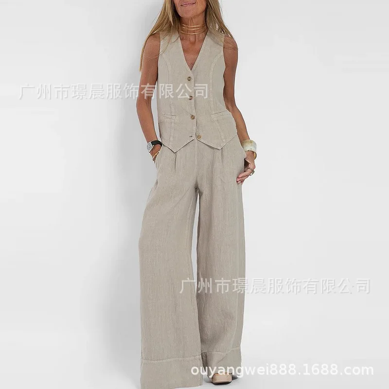 Conjunto de dos piezas para mujer, chaleco informal sin mangas con botones, pantalones de pierna ancha, moda de verano