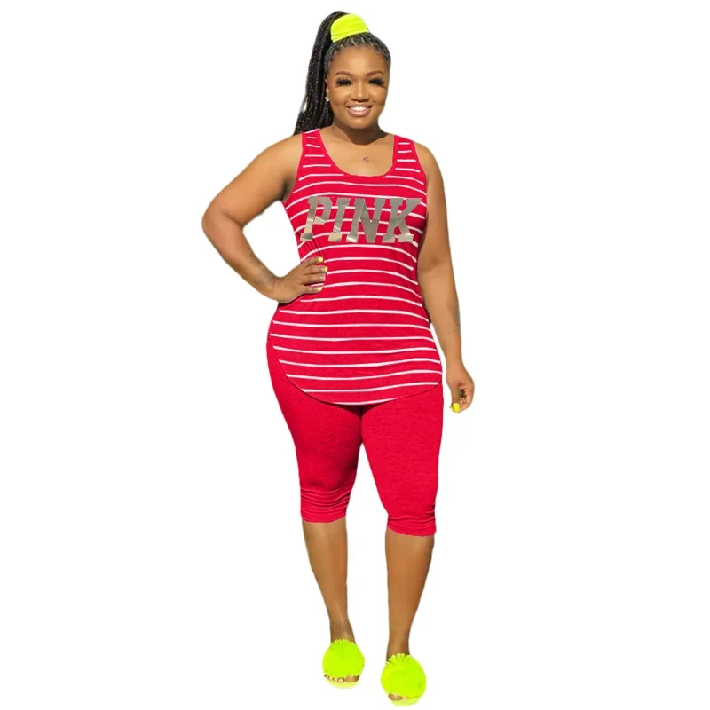 XL-5XL Plus Size Two Piece Sets Women Clothing Summer 2024 African Sleeveless Stripe Full Figured Casual Matching Sets Outfits