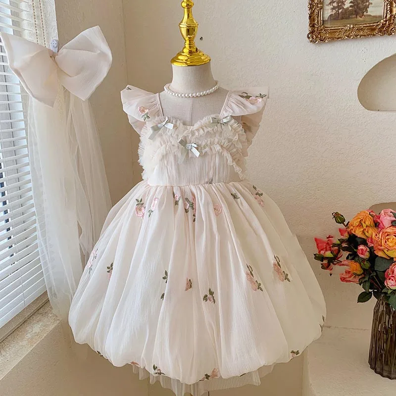 Baby Girls' Yellow Flower Embroidered Dress Children's Large Bow Mesh Princess Dresses Baby Backless Vestidos Summer 2026 New