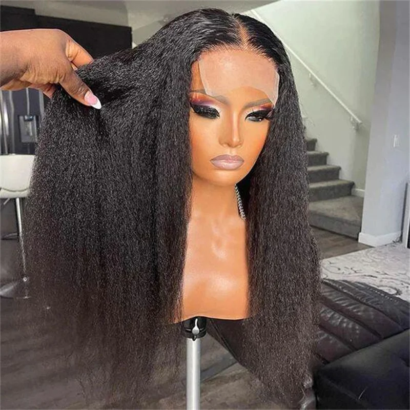 Soft 26Inch Long Black Yaki Kinky Straight Natural Hairline 180Density Lace Front Wig For Women Glueless Baby Hair Preplucked