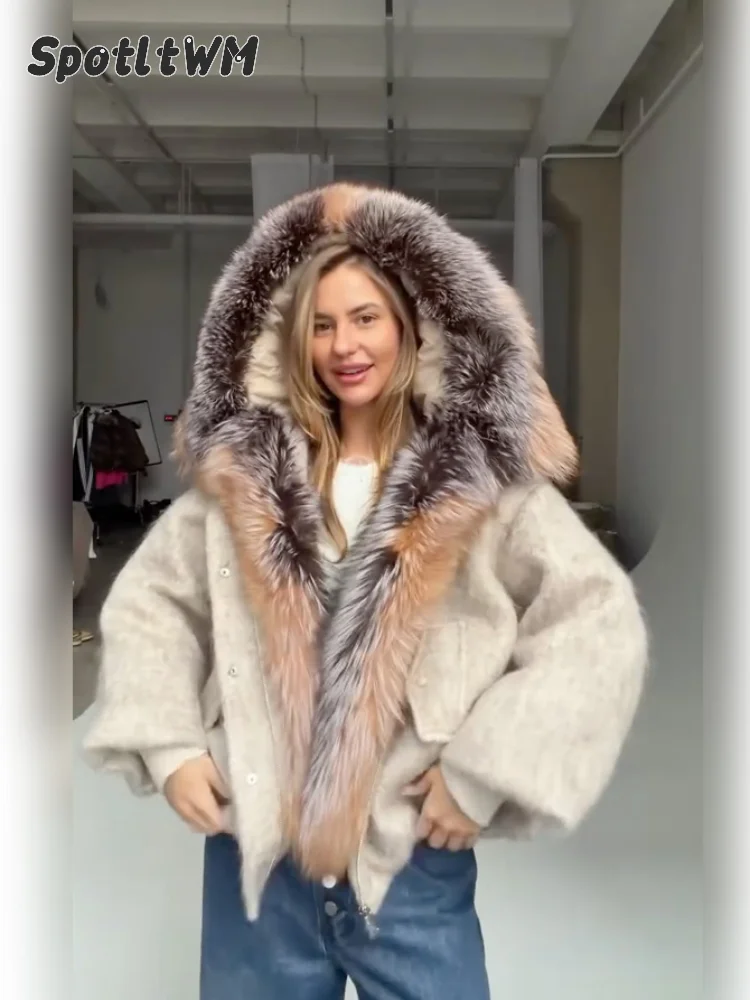 Women Faux Wool Coat Big Gradient Faux Fur Lapel Collar Zipper Loose Oversized Outerwear Lady Bomber Winter Warm Outer Jackets