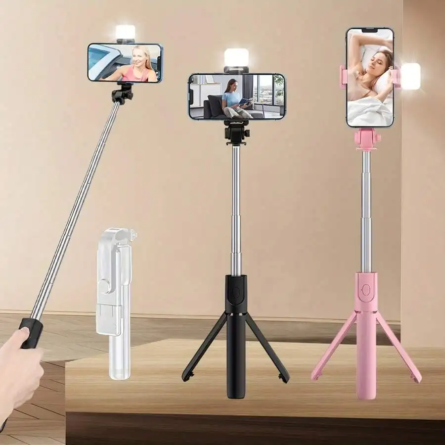 

Alloy Phone Tripod Selfie Stick With Fill Light 40 Inch Extendable Wireless Remote 360° Rotatable For Vlogging Live Streaming