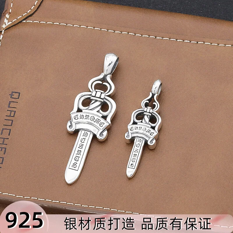 

925 Sterling Silver Couple Personality Sword Pendant Thai Silver Vintage Holy Sword Cross Necklace Fashion Trend Sweater Chain