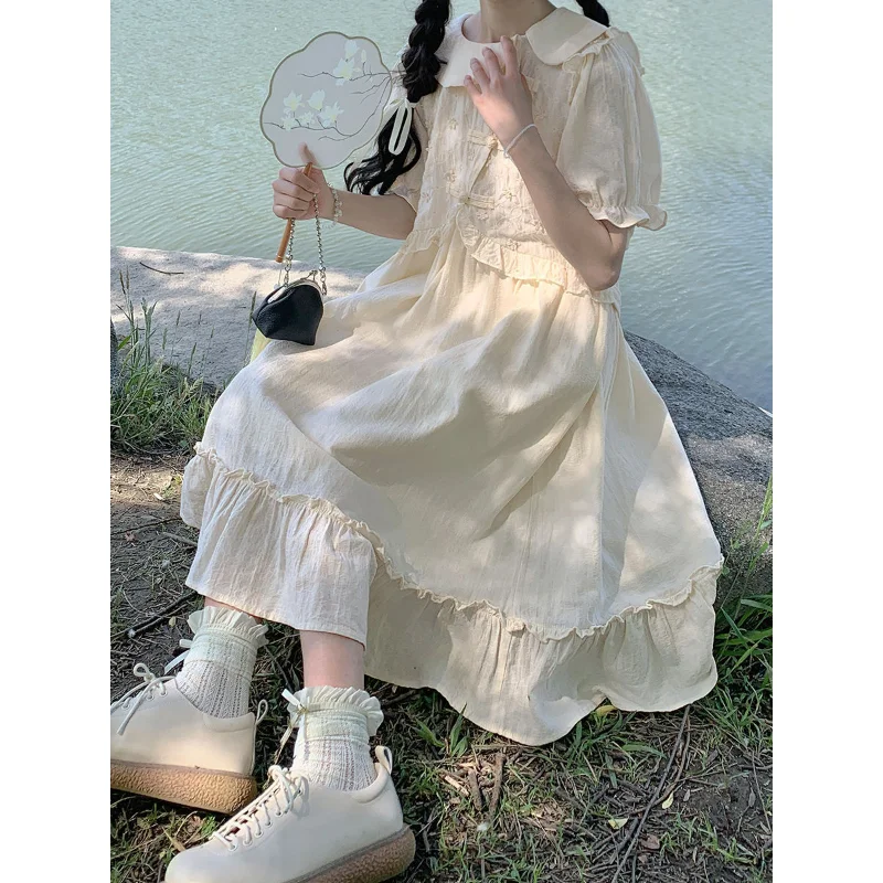 National Style Buckle Sweet Lace Bubble Sleeve Over Knee Dress Summer Doll Neck Casual Loose Belly Covering A-line Skirt