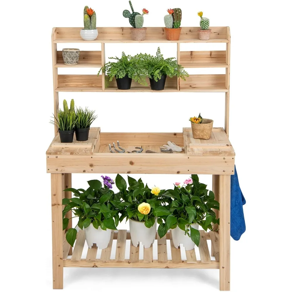 

Potting Bench Table, 60.5” Wood Garden Work Bench Workstation with Storage, Flip-Up Tabletop, Shelves & Hanging Hooks, Outdoor