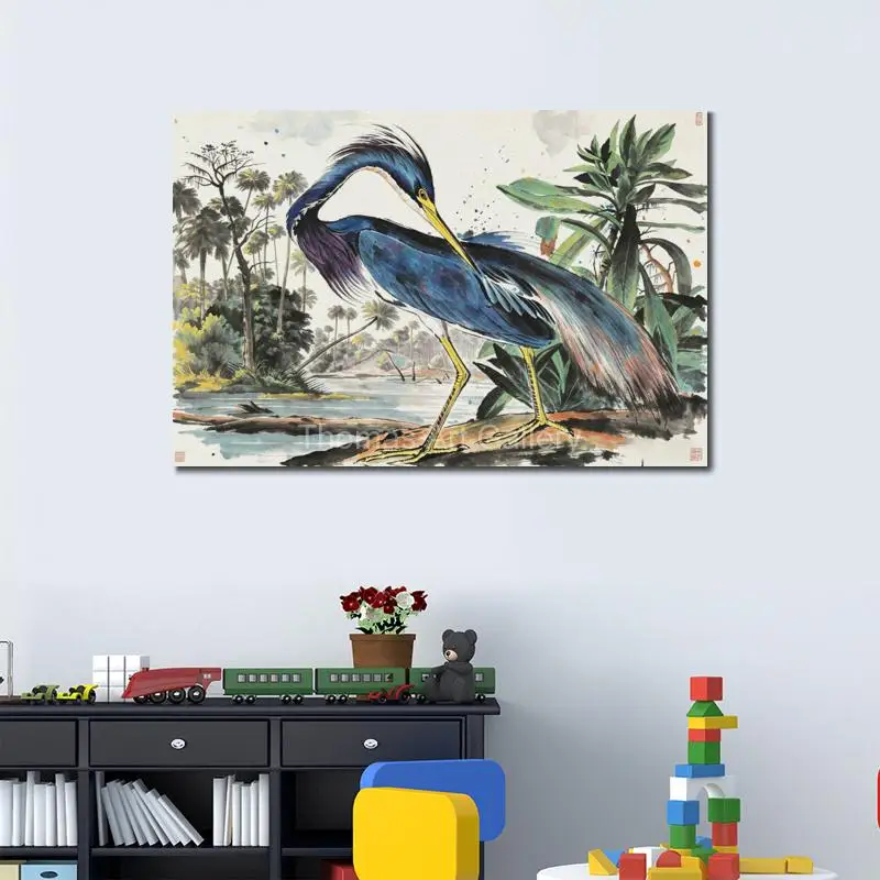 Large Minimal Great Blue Heron Canvas Print Traditional Splash Ink Bird Landscape Wall Art for Living Room Hallway Foyer Decor