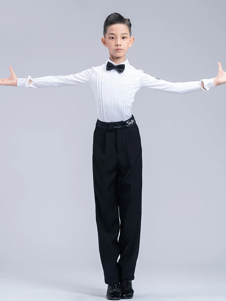 الأولاد اللاتينية الرقص المنافسة الملابس قميص أبيض السراويل السوداء تشا تشا ملابس رقص طفل قاعة الرقص أداء ارتداء DNV17957