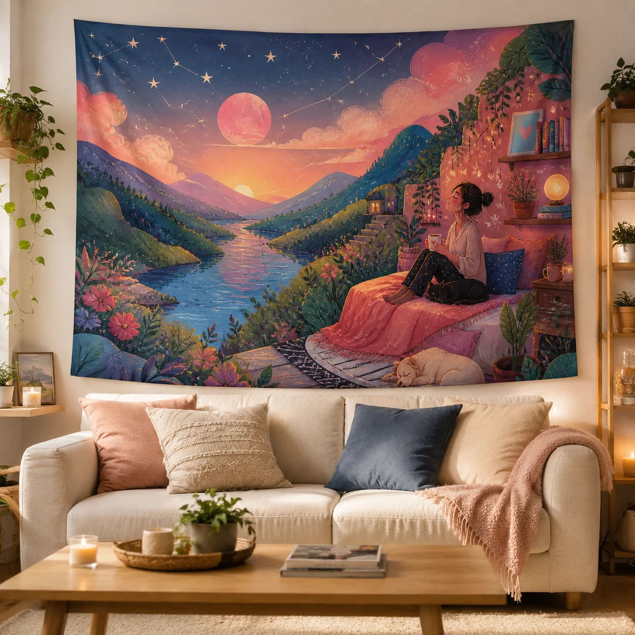 Cottagecore Mountain Sunset Tapestry Girl With Dog Starry Sky River Landscape Wall Hanging Boho Floral Bedroom Wall Decor
