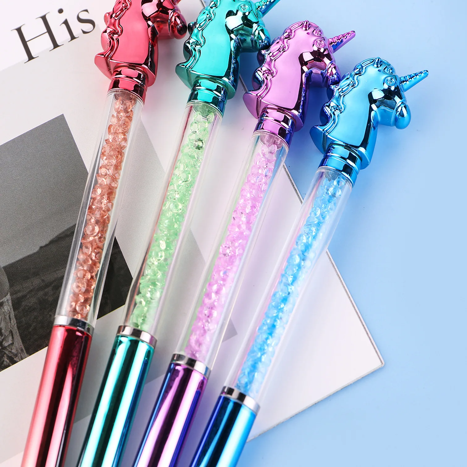 10Pcs/Lot Kawaii Unicorn Ballpoint Pen 0.7mm Blue Ink Creative Metal Imitation Crystal Signature Pens School Office Stationery