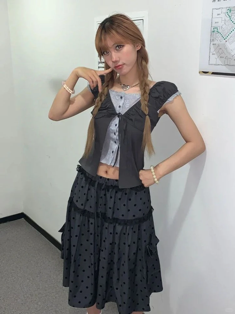 New Vintage Aesthetic Grey Design Polka Dot Skirts Women American Retro Cute Skirts Japanese A-line Lace Fashion Casual Clothes