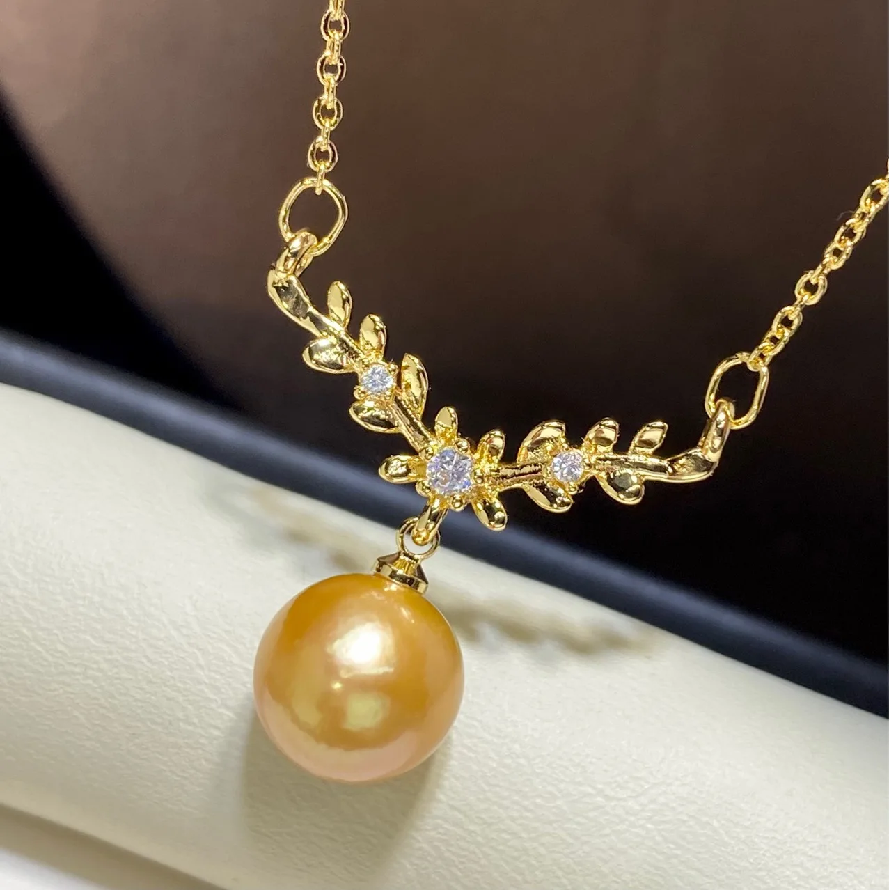 Gorgeous Giant AAAA 11-12mm Round Nanhai Gold Pearl Pendant NECKLACE 18INCH 925