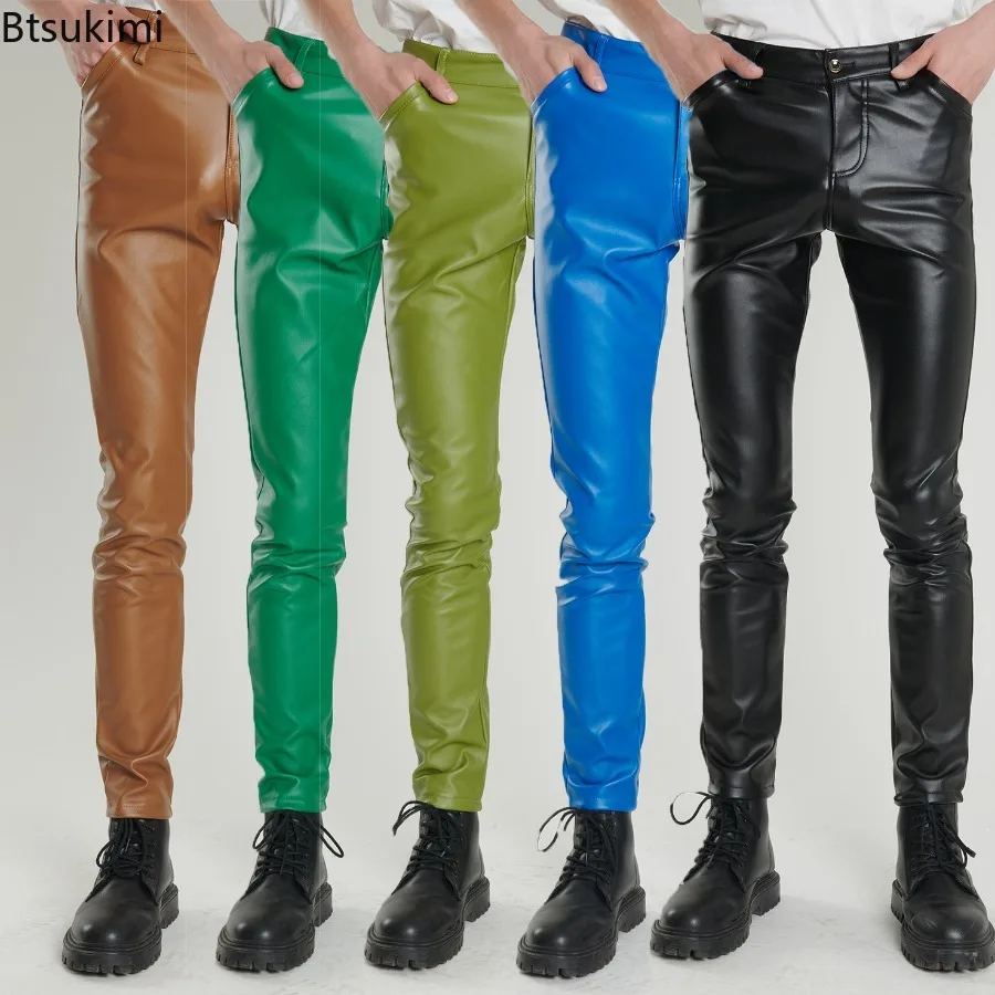 

Rock Style PU Leather Pants New Men Fashion Skinny Faux Leather Trousers Night Club Dance Pants Vintage Motorcycle Pants for Men